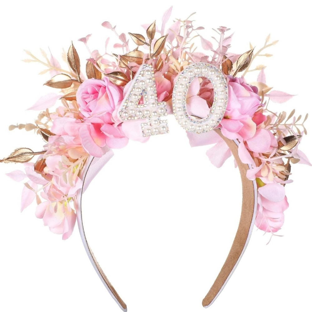 40th Birthday Headband Crown Tiara Flowers Pink Gold Pearls